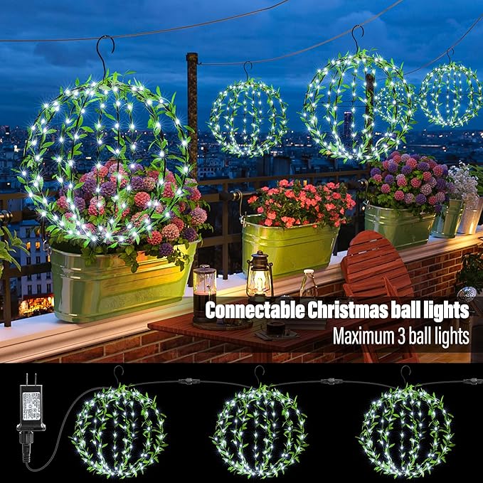 Flacchi Hanging Iron Sphere Lights with Artificial Greenery – 12Inch 120 LED Waterproof Outdoor/Indoor Decor Ball Light with Timer & 8 Modes – 2 Pack for Garden, Christmas, Weddings (Cool White)