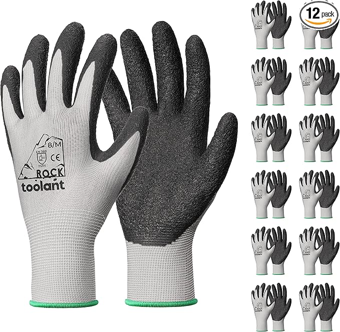 toolant Crinkle Latex Work Gloves Bulk, Rubber Coated Safety Work Gloves for Men and Women, 12 Pairs for Construction, Gardening, Warehouse (Gray, Medium)