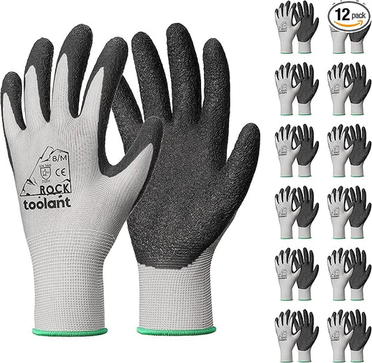 toolant Crinkle Latex Work Gloves Bulk, Rubber Coated Safety Work Gloves for Men and Women, 12 Pairs for Construction, Gardening, Warehouse (Gray, Medium)