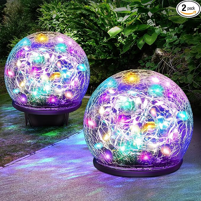 Solar Garden Lights - 2 Pack 80 LED Multi-Color Cracked Glass Outdoor Decorative Lights for Yard, Pathway, Patio, Lawn & Christmas Decor - 5.9"