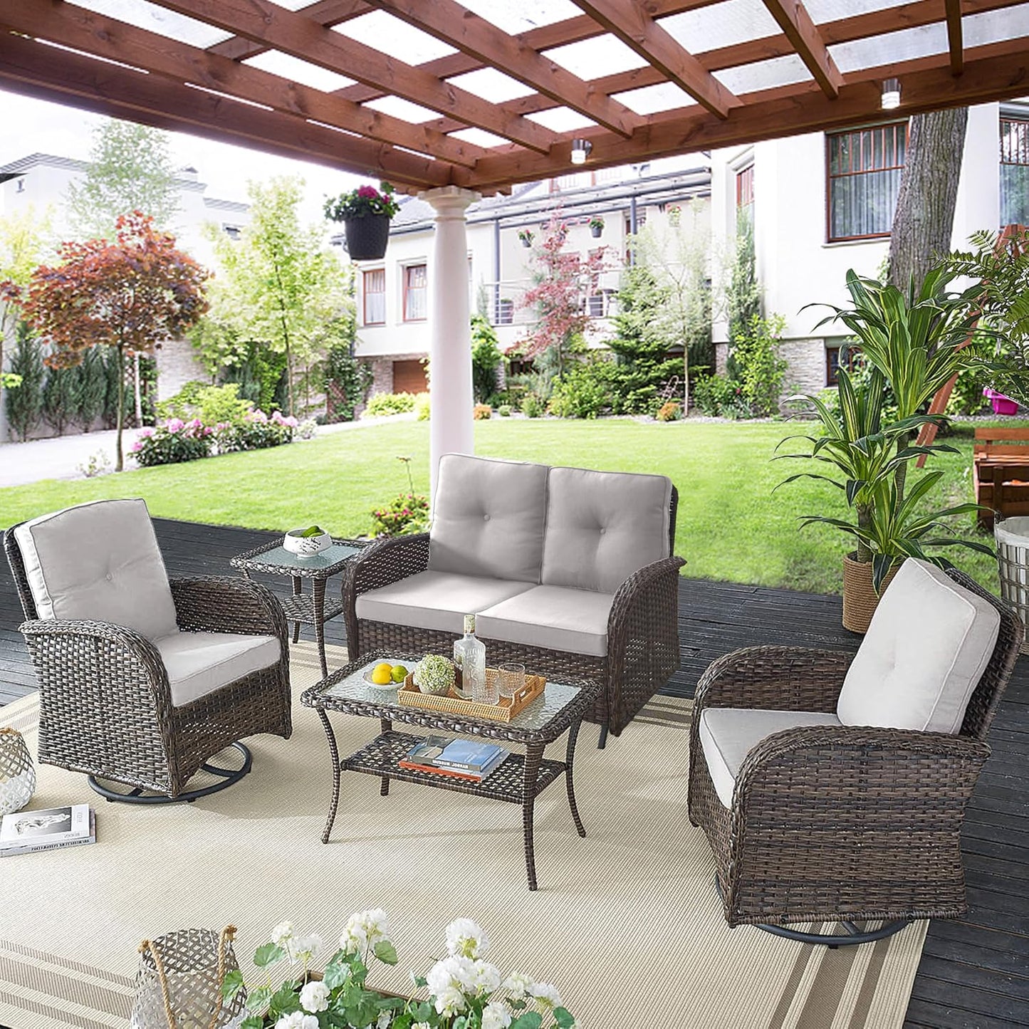 5 Piece Outdoor Patio Furniture Set with Deep Seating Swivel Rocker Chairs Loveseat and Rattan Coffee Table Outdoor Conversation Sets for Deck Backyard Poolside, Beige