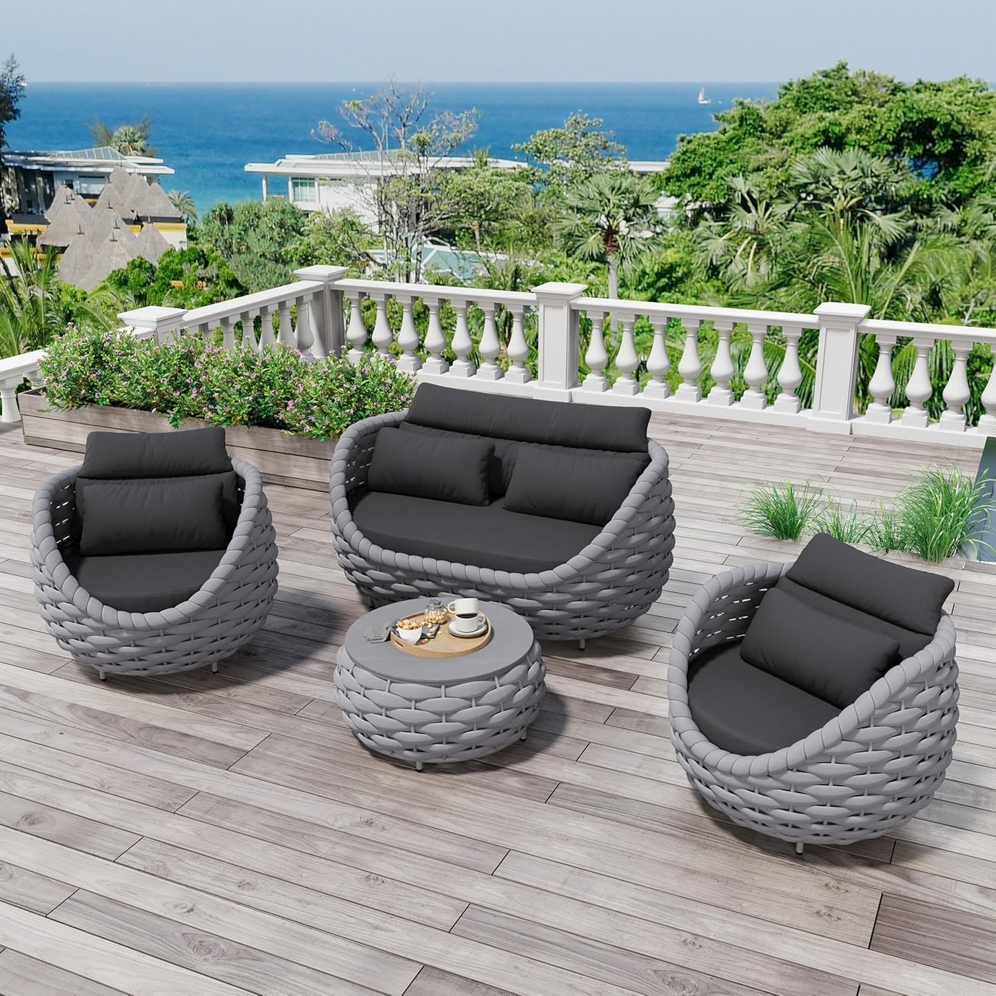 4 Pieces Assembled Patio Conversation Sets, Hand Woven Rope Outdoor Furniture Sofa Set - Aluminum Modern Cushions Couch Armchair Table Set - All Weather for Indoor Deck Porch Backyard Hotel