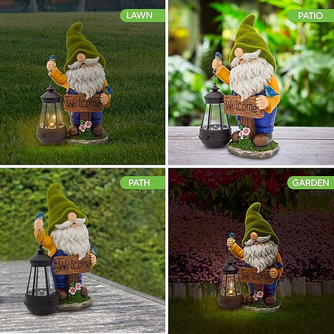 Garden Gnomes Outdoor - Flocked Gnome Statue Holding Lantern with Solar LED Lights | Gnomes Garden Decorations for Patio, Yard, Lawn Ornaments - Gnome Gifts