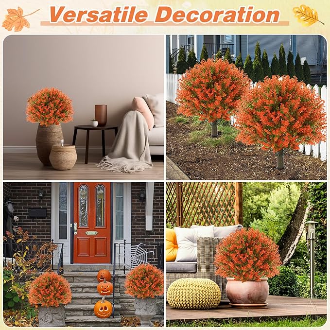 Yunlly 2 Pcs 18 Inch Fall Artificial Boxwood Ball Topiary Tree Outdoor Plants Bush, UV Resistance Faux Shrub with Spike Fall Porch Decor for Indoor Garden Yard Porch Patio Decor (Orange)