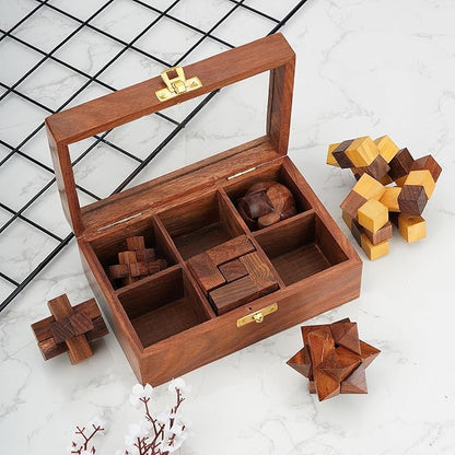 Ajuny Wooden Puzzles Box Set (6 Games) Brain Teaser for Teens & Adults, IQ Test Interlocking 3D Puzzles, Handcrafted Rustic Patio Decor, Unique Gift for Christmas and Birthdays