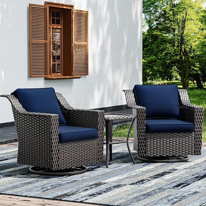 Joyside Wicker Patio Furniture Sets, 3 Pieces Upgraded Large Size Outdoor Furniture with 2 Patio Swivel Chairs and 1 Side Table, Thick Cushions, Wide Armrest