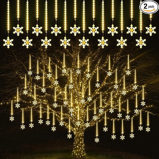 Enhon 2 Pack Meteor Shower Snowflake Lights Outdoor with Timer, Total 480 LED 12in 16 Tube Connectable Waterproof Meteor Rain Drop Christmas Light with Snowflake for Xmas Tree Roof Garden(Warm White)