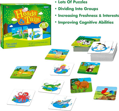 48 Animal Matching Puzzles with Error-Correction Mechanism Pre-Primer in 2 Pieces, Perfect for Preschool Learning (24 Blocks Double Sided)