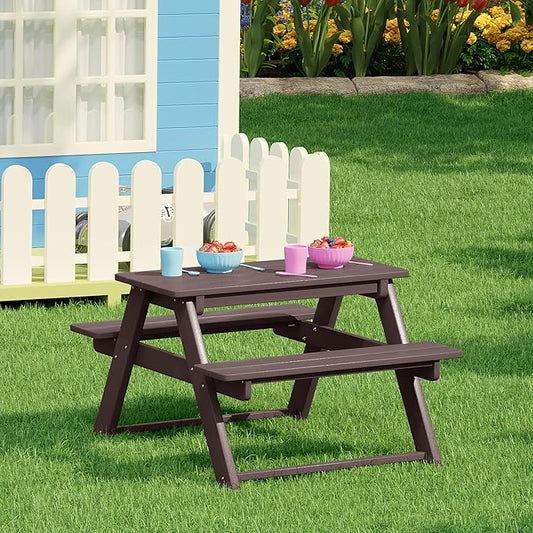 Costaelm Kids Picnic Table, HDPE All Weather Outdoor Toddler Picnic Table and Chair Set Kids Bench for Patio, Backyard, Garden, Lawn, Dark Brown