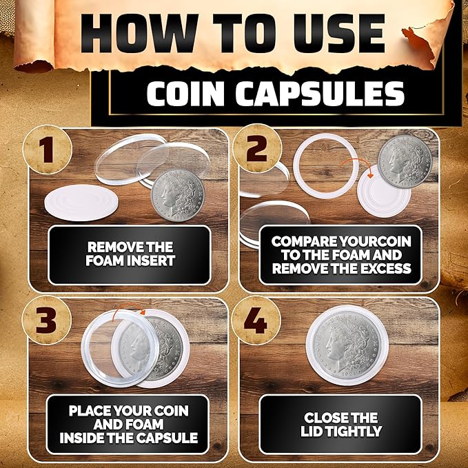 60 Pcs Silver Dollar Holder Case - Universal Sizes (30/33/38/40mm) with Foam Gaskets and Moisture Protection - Transparent Plastic Capsules with Organizer Box for Collectors