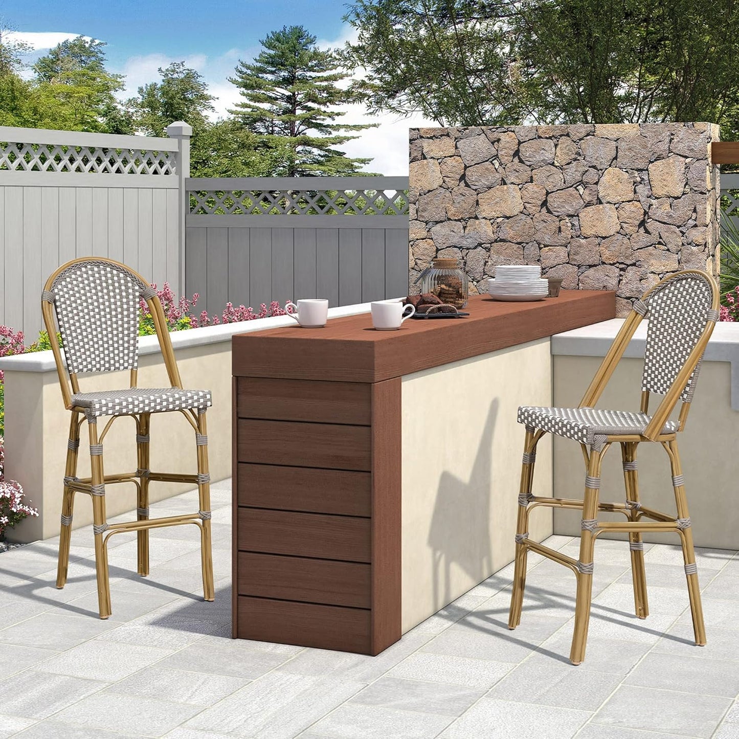 PURPLE LEAF French Bar Stool Set of 4 Bamboo Print Finish Patio Bar Stools with Back Wicker Bar Height Stool 30" with Footrest Kitchen Island Stools Outdoor Barstool Grey