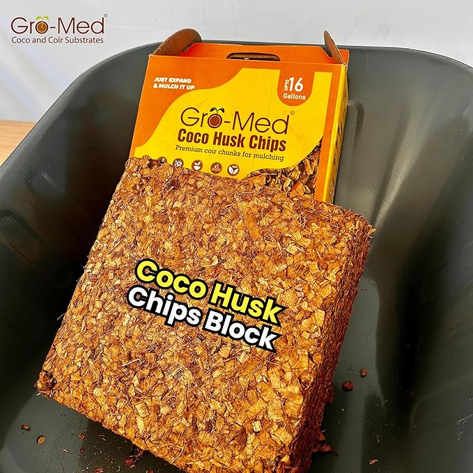 Gro-Med Coco Husk Chips Block 10lb Expands Upto 16 Gallons Coconut Chip Substrate, Coco Coir Husk Mulch for Gardening, Indoor, Outdoor Plants Orchid Bark Alternative - OMRI Listed, Low ECB alanced pH