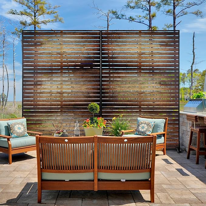 FENCY Metal Outdoor Privacy Screen 72" H×47" W Vintage Wood Color Patio Privacy Screen, Freestanding Decorative for Deck Balcony Patio