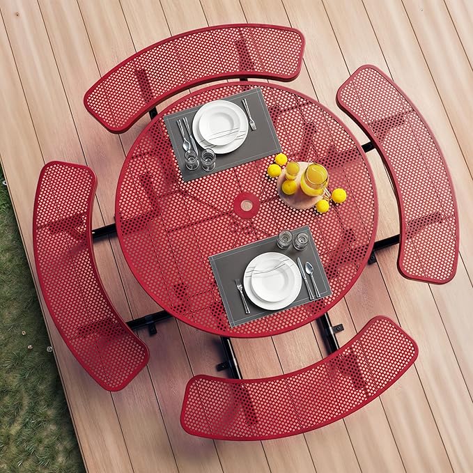 Metal Picnic Tables for Outdoors with Umbrella Hole - Coated Steel Heavy Duty Commercial Grade Table with Adjustable Seats (Red, 46 in, Round, Punched Steel)