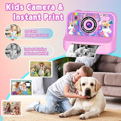 Kids Camera, Upgrade Kids Camera Instant Print, Front Rear Dual Selfie Digital CAM with 1080P Videos, Portable Travel Toy with Games and Music, Christmas Birthday Gift for Boys, Girls and Teens