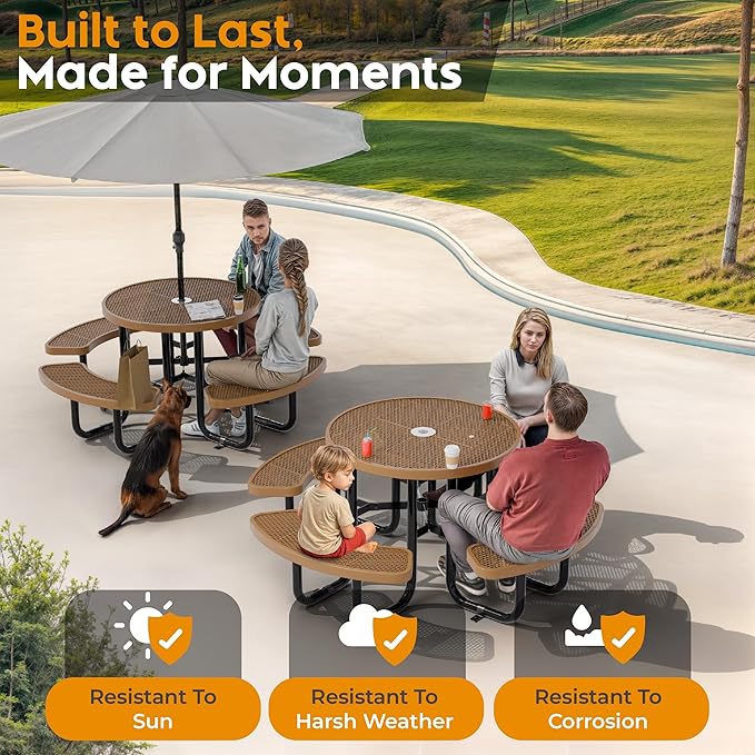 Metal Picnic Tables for Outdoors with Umbrella Hole - Coated Steel Heavy Duty Commercial Grade Table with Adjustable Seats (Brown, 38 in, Round, Expanded Steel)