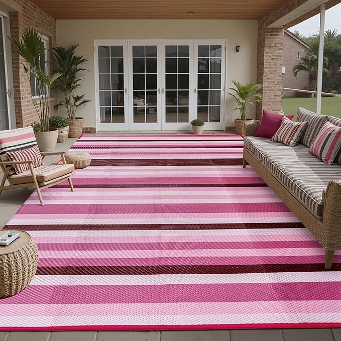 Outdoor Waterproof Rug 8'x10' Plastic Straw Rugs Washable Reversible Floor Mat Pink Stripe Carpet for Camping RV Deck Entryance Porch Picnic Balcony Beach Backyard