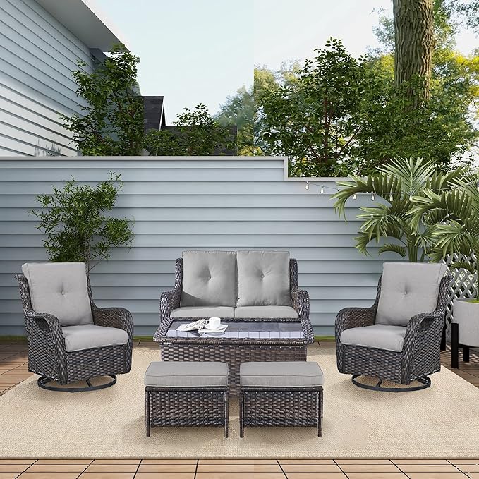 Wicker Outdoor Furniture Patio Furniture Set - 6 Piece Patio Conversation Set with Swivel Rocker Chairs, Loveseat Sofa, Ottomans and Coffee Table, Gray Cushion