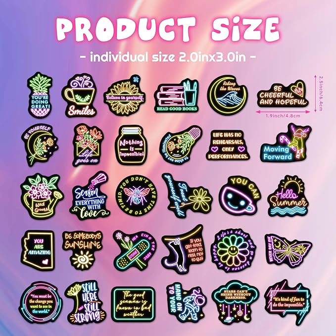 50 Pcs Inspirational Quotes Stickers for Kids Glow in The Dark, Neon Sticker for Water Bottle, Vinyl Waterproof Laptop Decals for Teens Girls Boys, Students Adults Sticker Pack