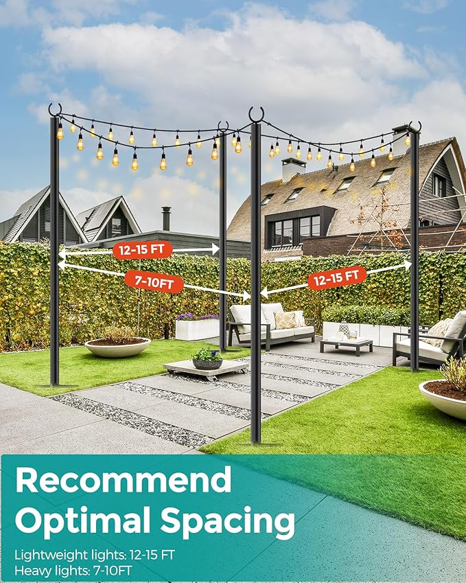 LAND·VOI 2 Pack String Light Poles, 9FT Heavy Duty Metal Light Poles for Outside String Lights, Outdoor Light Poles with 5 Prong Fork, Lighting Stand for Patio, Backyard, Garden, Deck, Black FLP12B