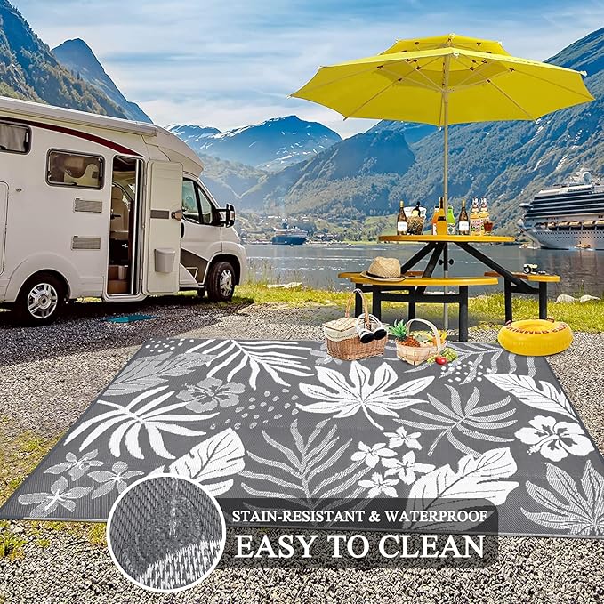 Pauwer Waterproof Outdoor Rug 6x9, Reversible Plastic Straw Patio Camping Rug, Indoor Outdoor RV Mat Carpet for Deck, Camper, Porch, Balcony, Backyard, Picnic, Floral Grey