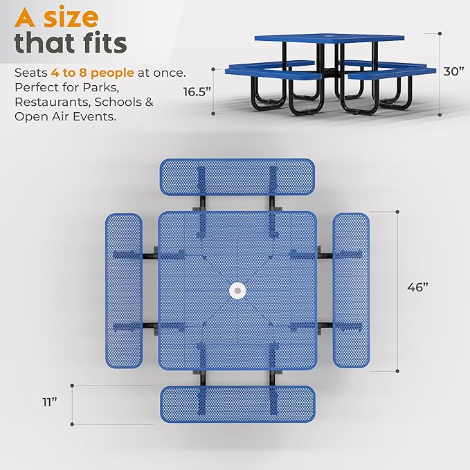 Metal Picnic Tables for Outdoors with Umbrella Hole - Coated Steel Heavy Duty Commercial Grade Table with Adjustable Seats (Blue, 46 in, Square, Punched Steel)