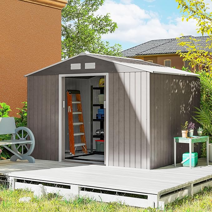 Outsunny 9' x 6' Outdoor Storage Shed, Garden Tool Metal Shed with Foundation Kit, Double Lockable Door, Air Vents and Sloping Roof, for Backyard, Patio, Lawn, Light Brown