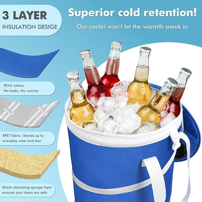 Tirrinia Large Pop-Up Golf Cooler Bag- Insulated Collapsible Cooler with Flat Drink Table for Golf Cart, Lightweight and Portable Ice Beach Cooler for Travel, Fishing, Picnics, Hiking, Camping
