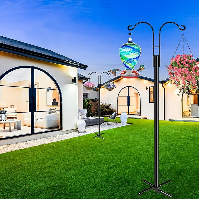 XDW-GIFTS Double Shepherds Hooks for Outdoor, 2-Pack Heavy Duty Garden Pole for Hanging Bird Feeder, Plant Baskets, Solar Light Lanterns, Garden Plant Hanger Stands with 5 Base Prongs