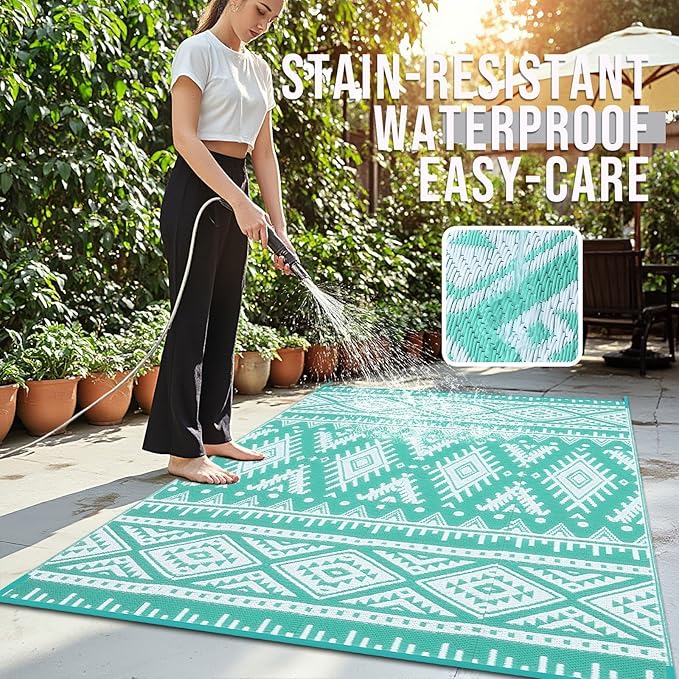 OLANLY Outdoor Rug Waterproof 9x18 ft, Reversible Outdoor Plastic Straw Rug, Boho Patio Rug, Indoor Outdoor Carpet, RV Mat Outside for Patio, Camp, Picnic, Balcony, Deck, Backyard, Turquoise & White