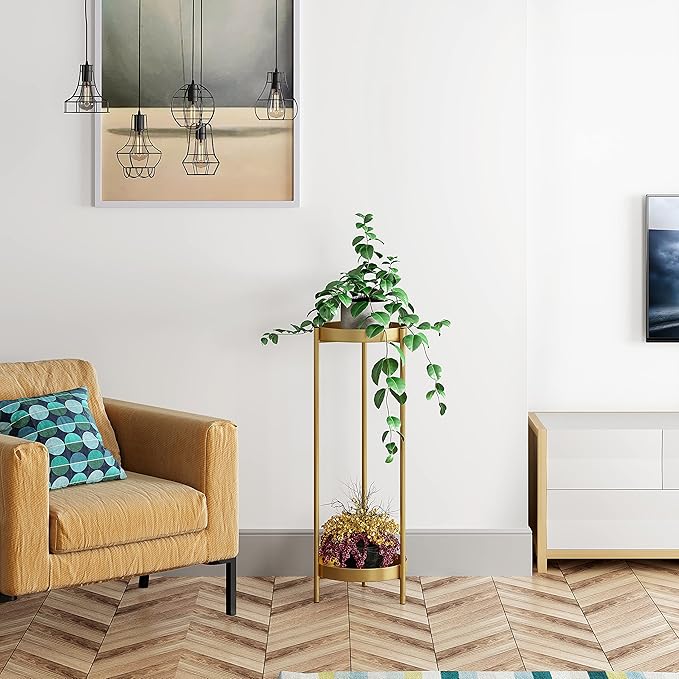 2 Tier Metal Flower Plants Holder with 2 Removable Display for Indoor or Outdoor,Pot Plant Planter Display (Gold 2P)