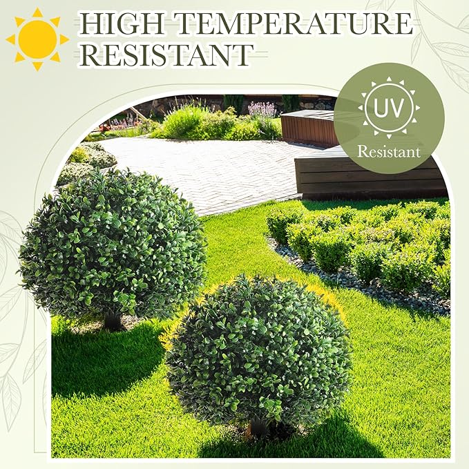 Yunlly 2 Pack 18" Artificial Boxwood Ball Bush Topiary Trees Fake Outdoor Plants, Realistic UV Resistance Faux Shrubs with Spike Greenery Topiary Potted for Front Porch Garden Yard Patio Indoor Decor