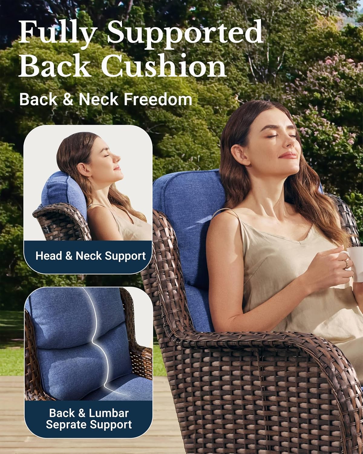 HILLGA Luxury Patio Furniture Set with 6-inch Thick Cushion, Outdoor High Back Swivel Rocker Patio Chairs, 2PCS Wicker Conversation Set for Deck Yard and Poolside, Blue (V2)