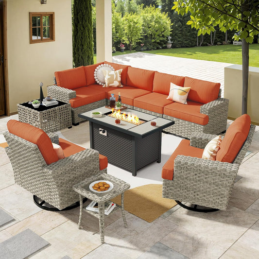 HOOOWOOO Outdoor Sectional Patio Furniture Set with Fire Pit Table,10 Pieces Wicker Conversation Sets L Shaped Couch,Extra Deep Out Door Sofa Outside Furniture with Swivel Chairs,Brick Red