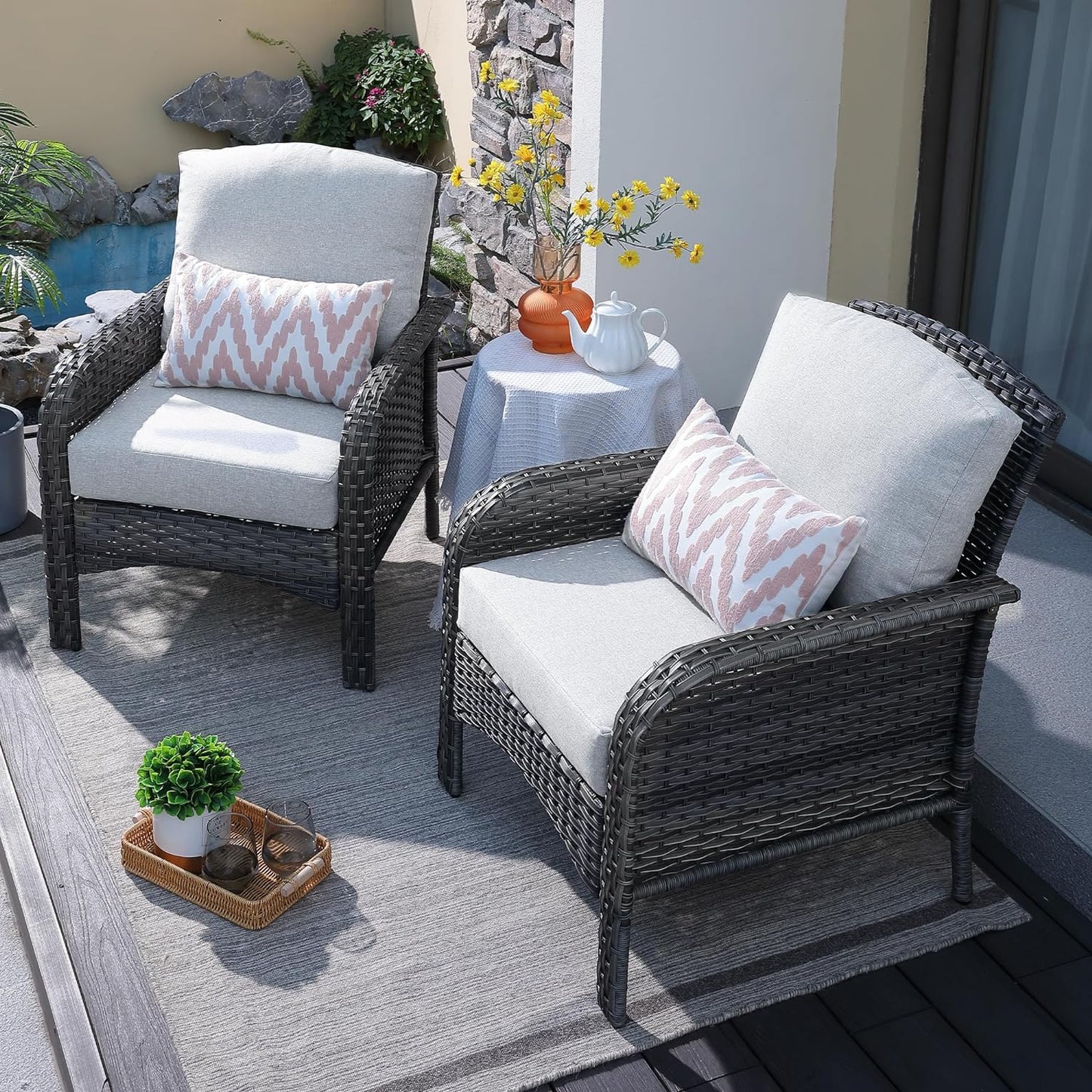 ovios 2 Pieces Patio Furniture Set, Outdoor Wicker Chairs of 2, All Weather High Back Rattan Chairs 2-Seater with Comfy Cushions for Porch Deck, Grey