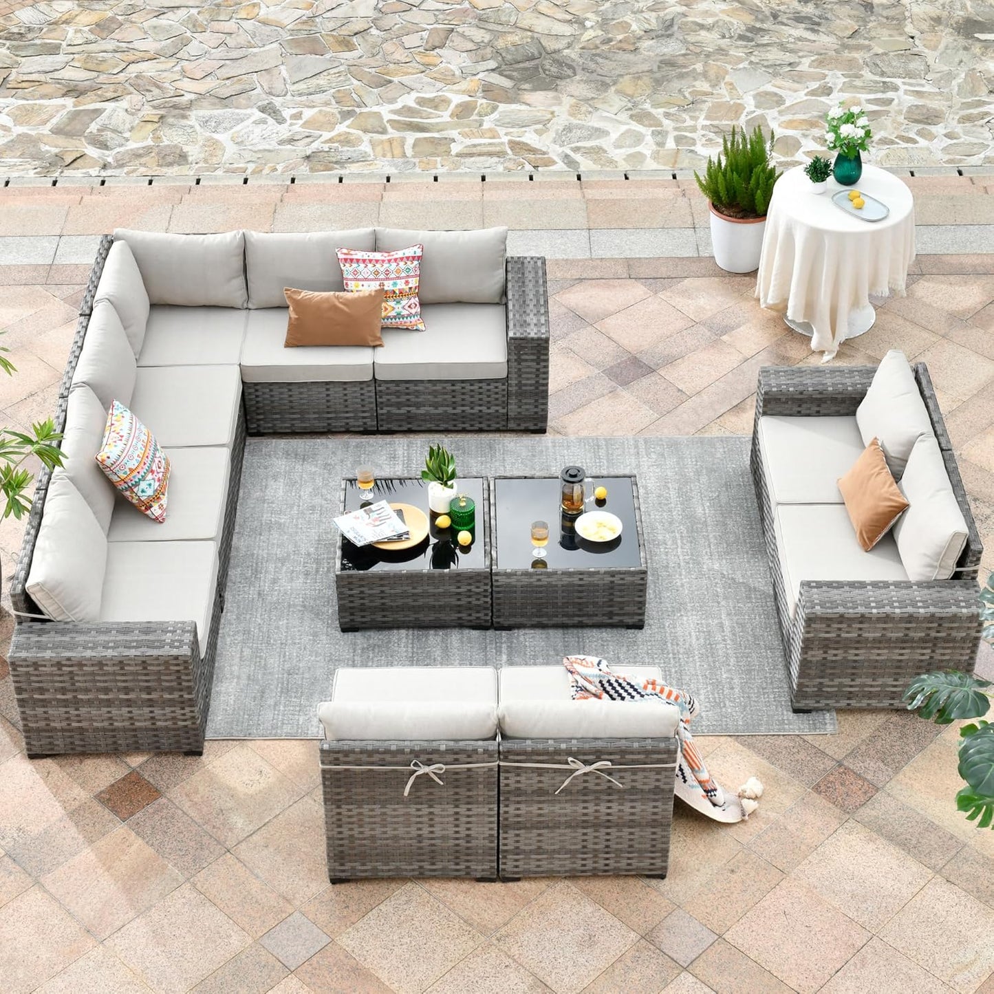 HOOOWOOO 12 Piece Modular Patio Outdoor Sectional Furniture Sofa Set,Wicker Conversation Set,Out Door Couch Set with Wide Arm for Outside All Weather(Beige)