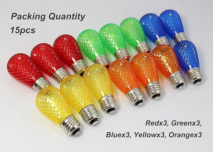 BRIMAX S14 LED Colored Light Bulbs with Faceted Surface,Outdoor Indoor String Light Replacement Bulbs,Plastic,Shatterproof, E26 Base, for Christmas Halloween Party and Holiday Decor,15 Pack