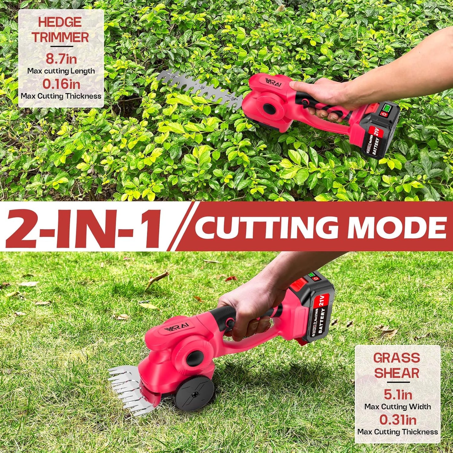 Cordless Hedge Trimmer, 2-in-1 Hedge Trimmer, Ultra Long Battery Life with Battery*2, high-Power and high-Capacity Grass Trimmer for Gardens, Yards and lawns, Including Charger