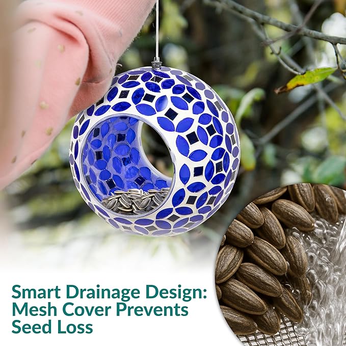 Sunnydaze 6-Inch Glass Mosaic Hanging Bird Feeder for Outdoors - Fly-Through Wild Bird Feeder - Lavender Mosaic