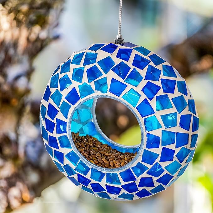 Sunnydaze 6-Inch Glass Mosaic Hanging Bird Feeder for Outdoors - Fly-Through Wild Bird Feeder - Blue Mosaic