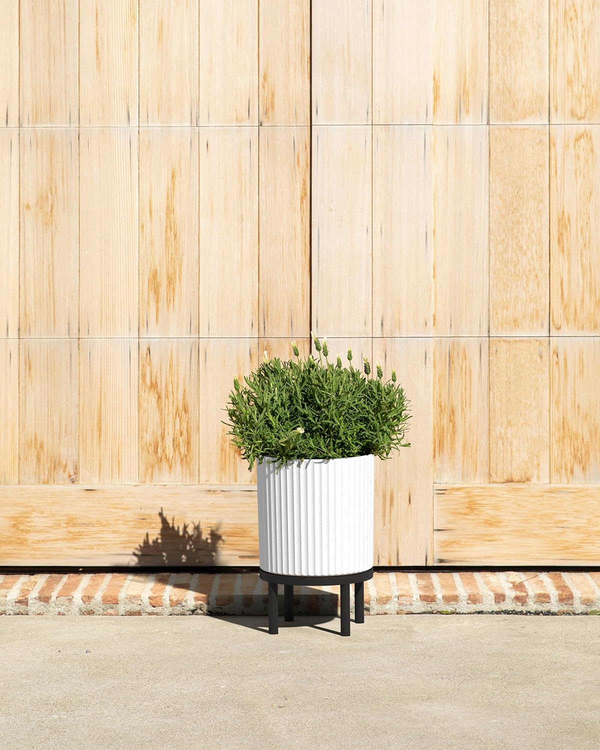 Veradek Demi Series Round Planter w/Stand for Porch/Patio | Durable Plastic-Stone Composite & Wooden Stand | Modern Décor for Tall Plants, Flowers