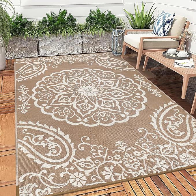 Pauwer Waterproof Outdoor Rug 6x9, Reversible Plastic Straw Patio Camping Rug, Indoor Outdoor RV Mat Carpet for Deck, Camper, Porch, Balcony, Backyard, Picnic, Boho Brown