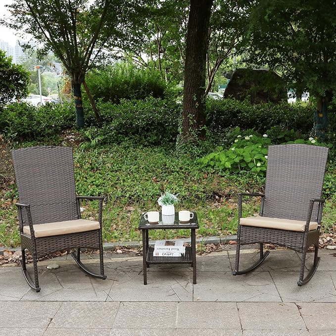 Outdoor Rocking Chair 3 Pieces High-Backed Rocking Chair Outdoor Patio Rocking Chairs Outdoor Table, Khaki