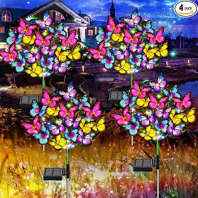 Solar Garden Lights Solar Lights Outdoor Waterproof Solar Lights 4 Pack with New Upgraded 144 LED 68 Butterflys Outdoor Solar Lights for Yard Outside Garden Pathway Decor Gifts for Women