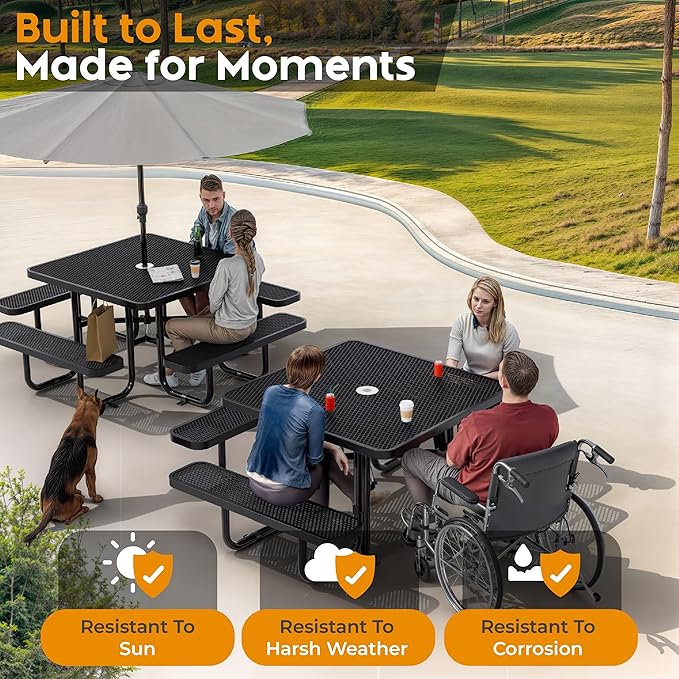 Metal Picnic Tables for Outdoors with Umbrella Hole - Coated Steel Heavy Duty Commercial Grade Table with Adjustable Seats (Black, 46 in, Square, Expanded Steel)