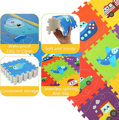 Baby Play Mat, Foam Playmat for Babies, Kids Play Mat, Foam Floor Tiles 34×34 9 Pieces Vehicle Puzzle Mat