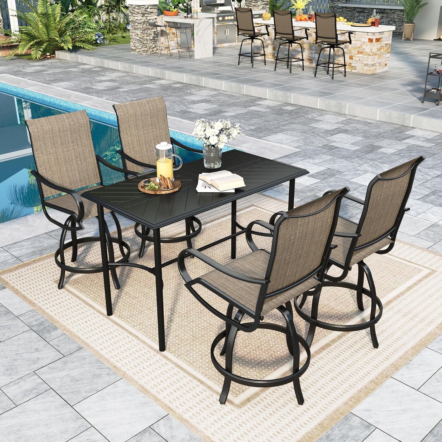 Sophia & William Outdoor Bar Set, Patio Bar Table and Chairs Set, All Weather Textile Fabric, Counter Height Patio Set - 4 x Swivel Bar Chairs, 1 x Rectangular Bar Table