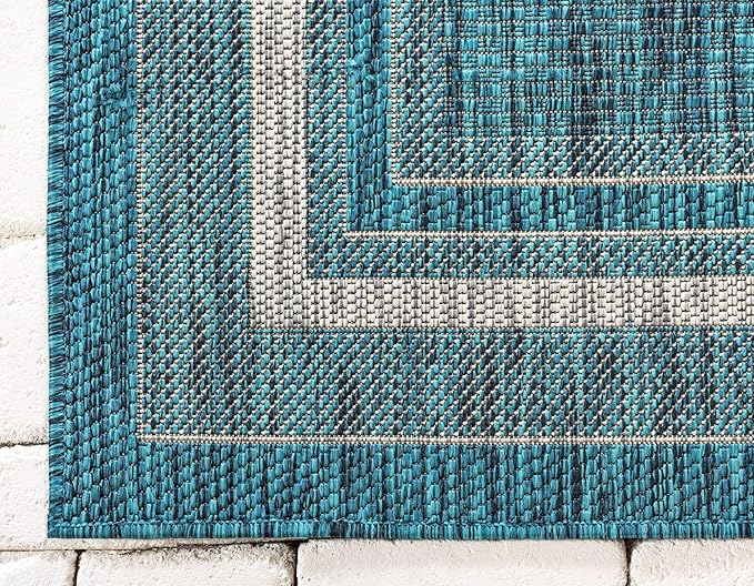 Unique Loom Outdoor Border Collection Area Rug - Soft Border (5' 1" x 8' Rectangle, Teal/ Ivory)