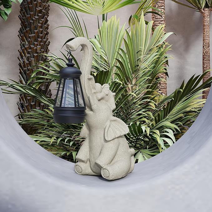 Solar Powered Outdoor Figurine Lights, 10 Inch Waterproof Animal Elephant Statue Light, Suitable for Decorations for Patio, Balcony, Lawn, Courtyard, Etc. (Trunk)