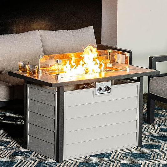 Nuu Garden 43'' Patio Propane Fire Pit Table, 50,000 BTU Gas Fire Pit with Marble-Textured Glass Top, Wind Guard, Lid, Glass Beads, CSA-Certified, 2-in-1 Outdoor Table for Gatherings, Ivory White